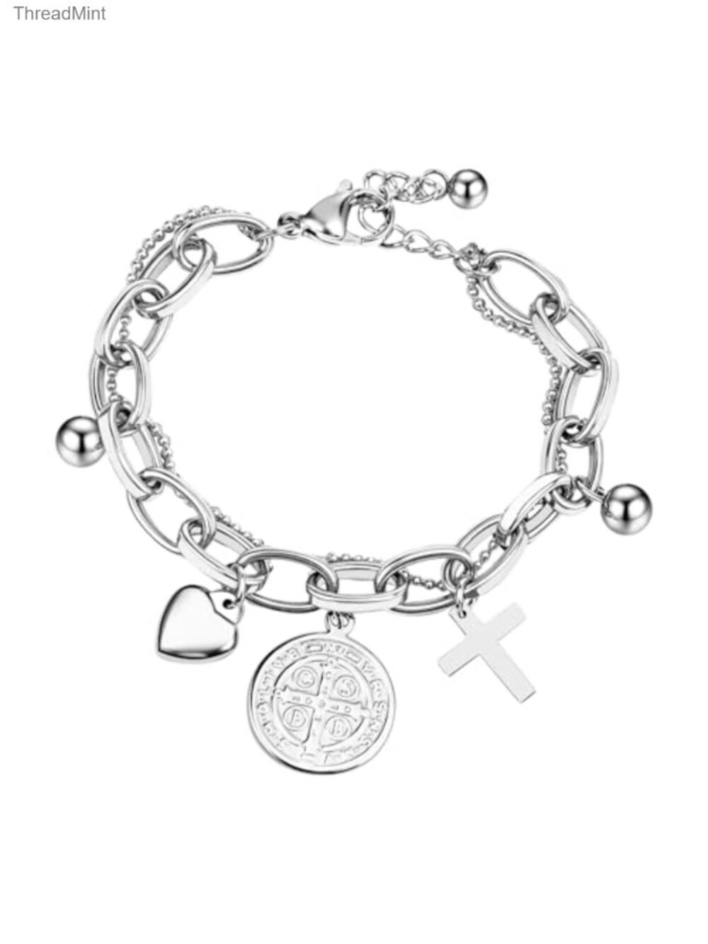 Stainless Steel Adjustable Layered Link Paperclip Cross Charm Bracelet